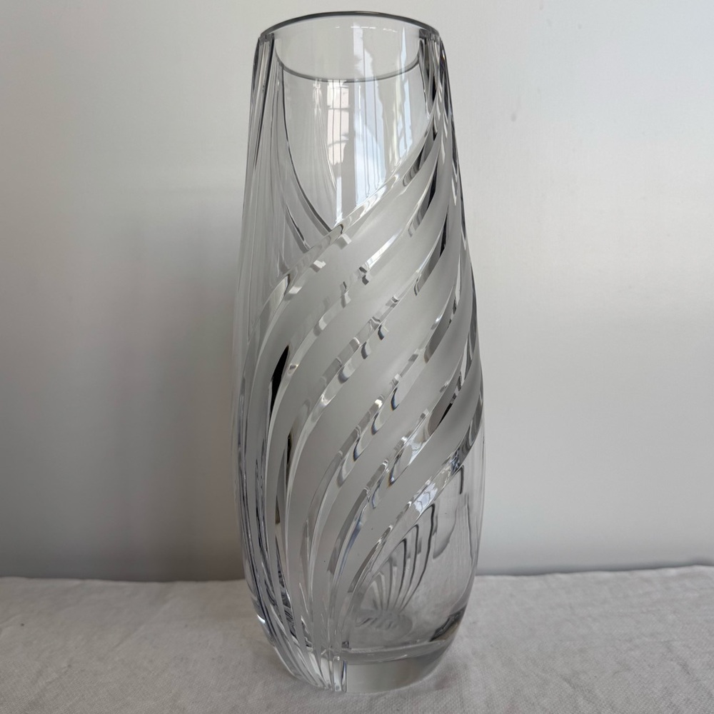 Heavy Crystal glass vase with diagonal etched frosted cut pattern